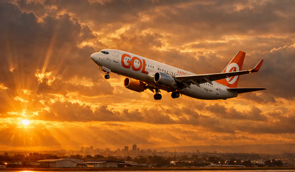 Avião da GOL Linhas Aéreas em decolagem, ilustrando a notícia da morte de seu fundador, Constantino Júnior.
