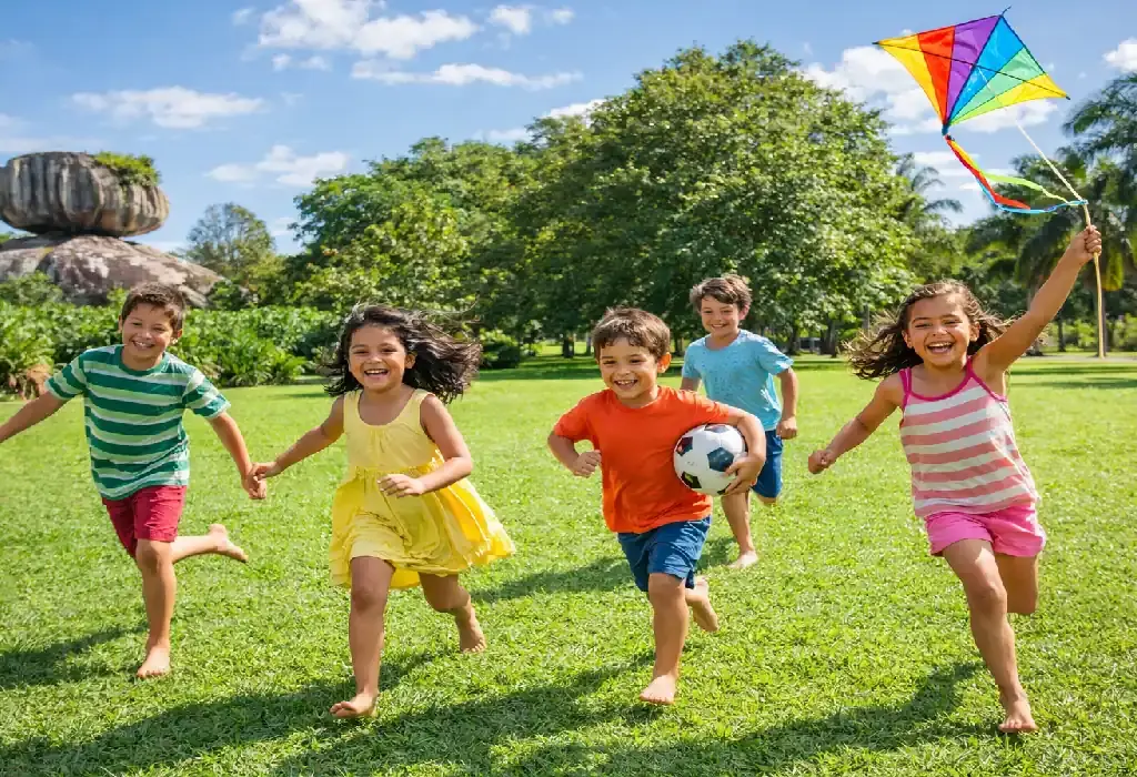 Grupo de crianças felizes correndo com pipa e bola em um parque gramado ensolarado, com uma grande formação rochosa ao fundo lembrando o Parque Pedra da Cebola.