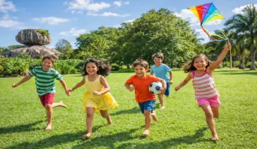 Grupo de crianças felizes correndo com pipa e bola em um parque gramado ensolarado, com uma grande formação rochosa ao fundo lembrando o Parque Pedra da Cebola.