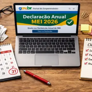 "Mesa de escritório organizada com notebook aberto no Portal do Empreendedor e um calendário destacando a data limite para a Declaração Anual MEI 2026."