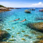 Mergulho em águas transparentes cor turquesa com peixes coloridos em primeiro plano e barcos ao fundo, representando as ilhas do Espírito Santo.