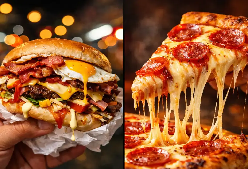 Montagem comparativa: lado a lado, um hambúrguer de rua (X-Tudo) bem recheado e uma fatia de pizza com queijo derretido, representando as opções de jantar de domingo.