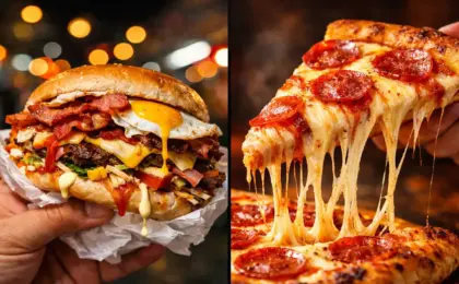 Podrão ou Pizza? O guia definitivo para fechar o domingo no ES. 9 Montagem comparativa: lado a lado, um hambúrguer de rua (X-Tudo) bem recheado e uma fatia de pizza com queijo derretido, representando as opções de jantar de domingo.
