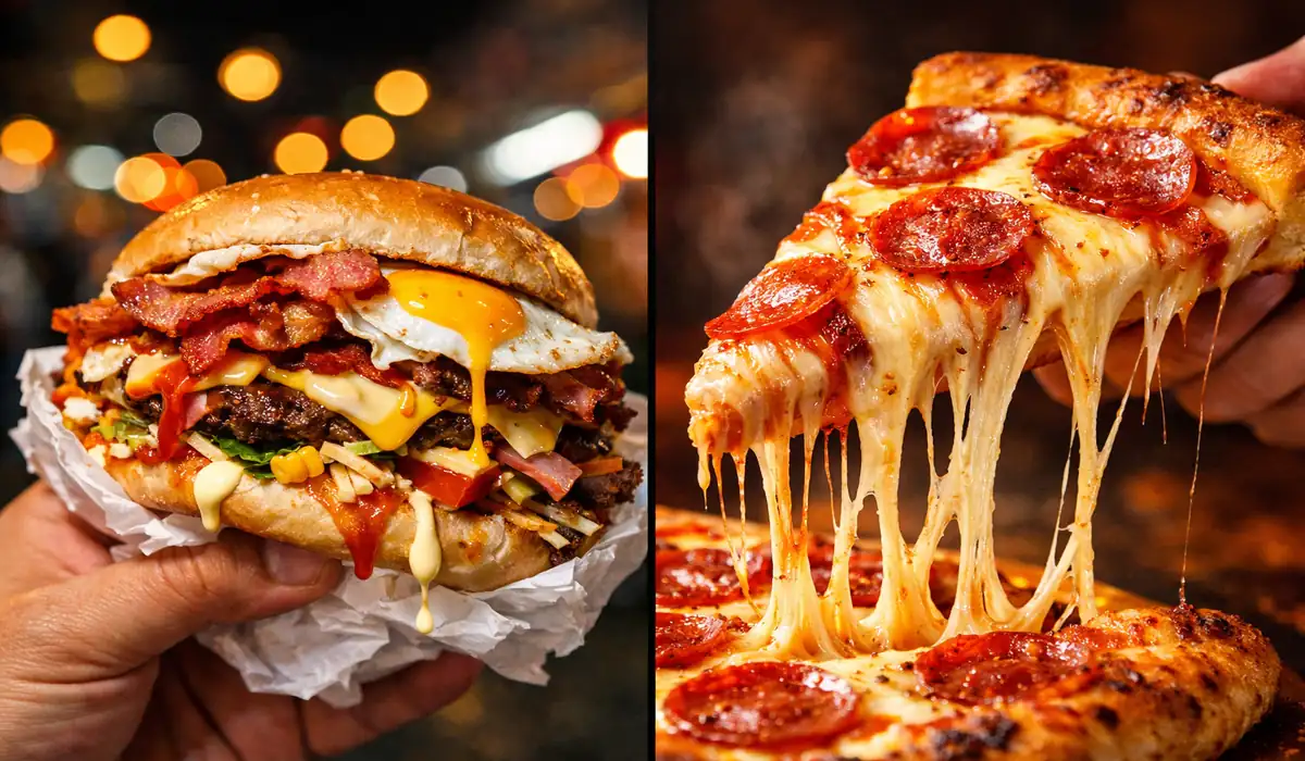 Montagem comparativa: lado a lado, um hambúrguer de rua (X-Tudo) bem recheado e uma fatia de pizza com queijo derretido, representando as opções de jantar de domingo.