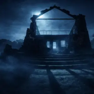 Fotografia noturna e misteriosa de ruínas de pedra antigas (estilo colonial) iluminadas por uma luz azul lunar, com neblina cobrindo o chão. Representação artística dos lugares assombrados do Espírito Santo