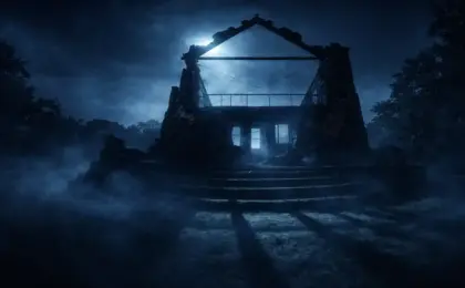 Você tem coragem? 4 lugares assombrados para visitar no Espírito Santo. 9 Fotografia noturna e misteriosa de ruínas de pedra antigas (estilo colonial) iluminadas por uma luz azul lunar, com neblina cobrindo o chão. Representação artística dos lugares assombrados do Espírito Santo