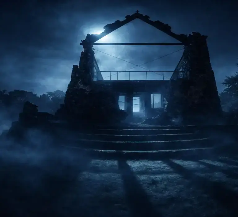 Fotografia noturna e misteriosa de ruínas de pedra antigas (estilo colonial) iluminadas por uma luz azul lunar, com neblina cobrindo o chão. Representação artística dos lugares assombrados do Espírito Santo