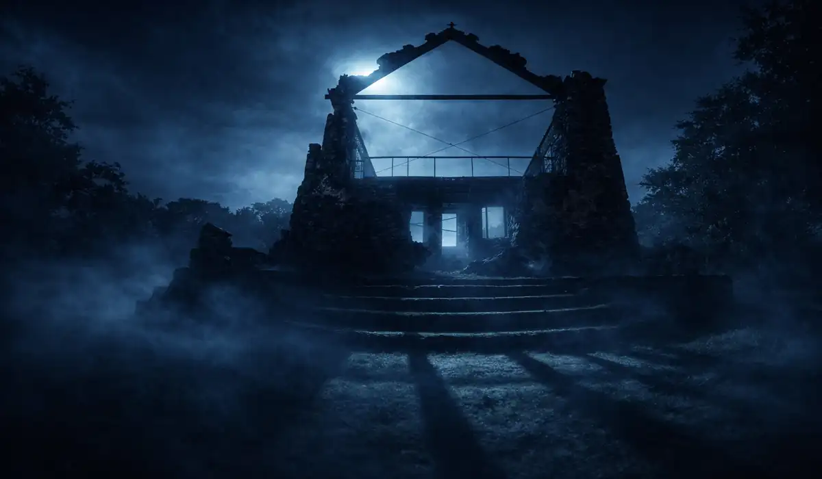 Você tem coragem? 4 lugares assombrados para visitar no Espírito Santo. 12 Fotografia noturna e misteriosa de ruínas de pedra antigas (estilo colonial) iluminadas por uma luz azul lunar, com neblina cobrindo o chão. Representação artística dos lugares assombrados do Espírito Santo
