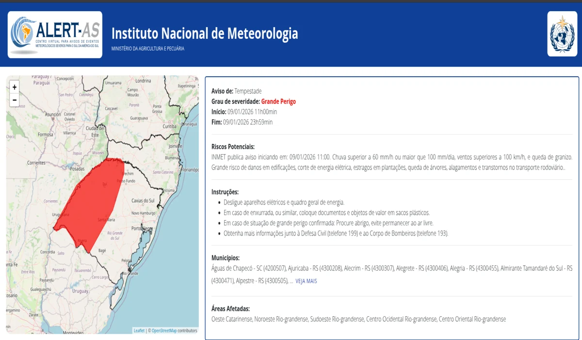 Mapa meteorológico mostrando a formação de um ciclone extratropical sobre a região Sul do Brasil, com áreas de alerta para tempestades.