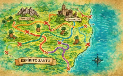 Mapa ilustrado do Espírito Santo destacando as 8 novas rotas turísticas, incluindo Pontões Capixabas e Rota do Queimado.