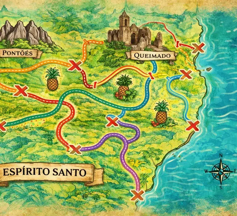 Mapa ilustrado do Espírito Santo destacando as 8 novas rotas turísticas, incluindo Pontões Capixabas e Rota do Queimado.