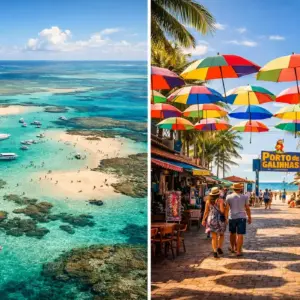 Jangada flutuando sobre piscinas naturais de águas azul-turquesa, representando as belezas do litoral de Alagoas e Pernambuco.