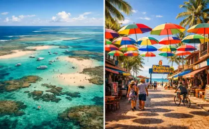 Não erre nas férias: A verdade sobre escolher Maragogi ou Porto de Galinhas 21 Jangada flutuando sobre piscinas naturais de águas azul-turquesa, representando as belezas do litoral de Alagoas e Pernambuco.