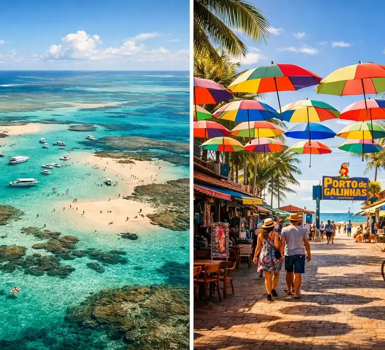 Jangada flutuando sobre piscinas naturais de águas azul-turquesa, representando as belezas do litoral de Alagoas e Pernambuco.