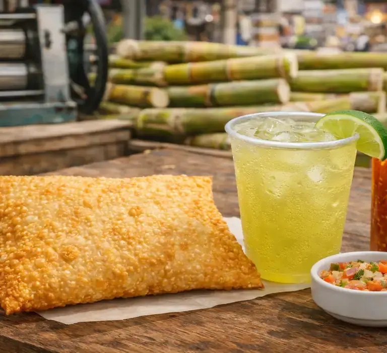 Close apetitoso de um pastel de feira frito e dourado, com massa crocante, ao lado de um copo de inox suado com caldo de cana gelado e limão. Representação da baixa gastronomia capixaba.