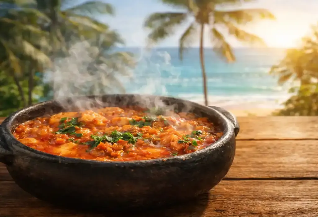 Moqueca capixaba fervendo na panela de barro preta, soltando fumaça, sobre uma mesa de madeira com vista para o mar e coqueiros ao fundo.