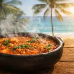 Moqueca capixaba fervendo na panela de barro preta, soltando fumaça, sobre uma mesa de madeira com vista para o mar e coqueiros ao fundo.