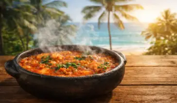 Moqueca capixaba fervendo na panela de barro preta, soltando fumaça, sobre uma mesa de madeira com vista para o mar e coqueiros ao fundo.