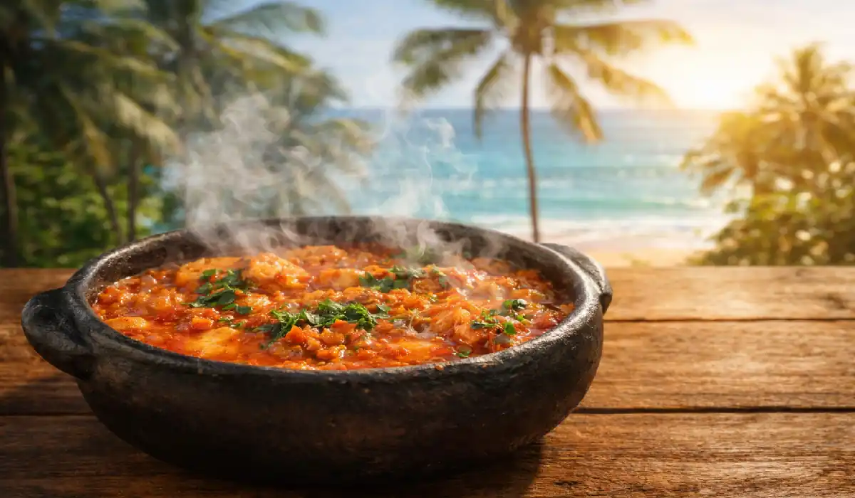 Moqueca capixaba fervendo na panela de barro preta, soltando fumaça, sobre uma mesa de madeira com vista para o mar e coqueiros ao fundo.