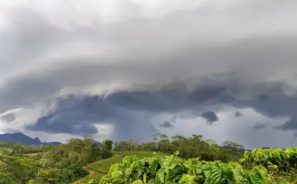 Nuvem Prateleira (Shelf Cloud) escura e gigante sobre a vegetação em Afonso Cláudio, Espírito Santo, sinalizando temporal.