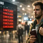 Painel de voos no aeroporto indicando cancelamento, ilustrando os riscos da prática de skiplagging.