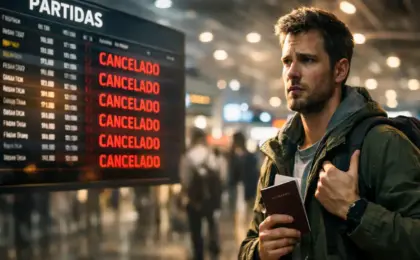Painel de voos no aeroporto indicando cancelamento, ilustrando os riscos da prática de skiplagging.