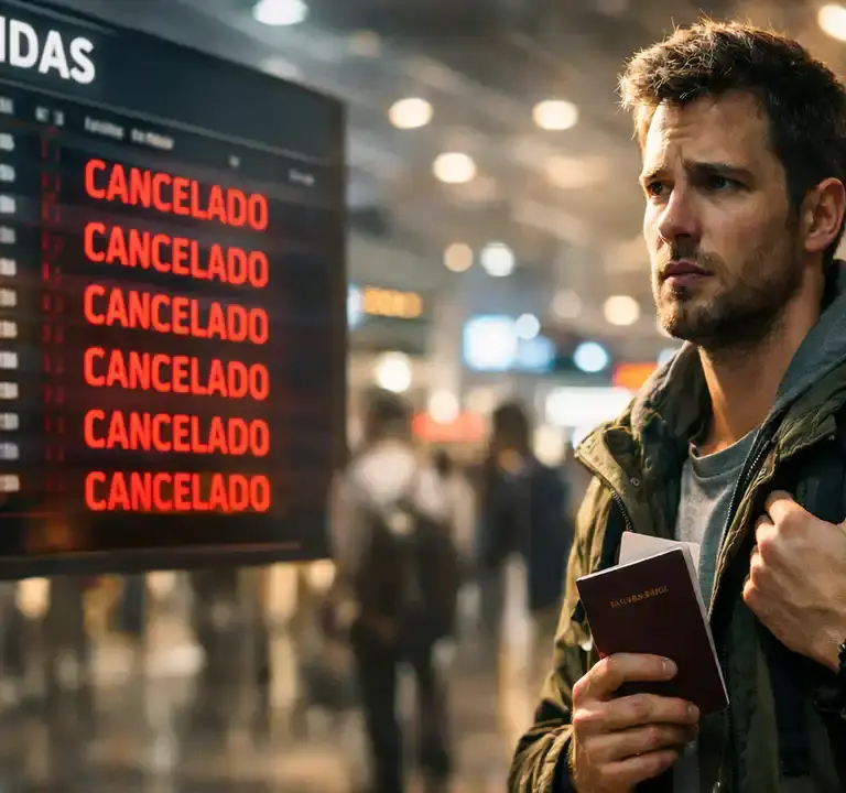 Painel de voos no aeroporto indicando cancelamento, ilustrando os riscos da prática de skiplagging.