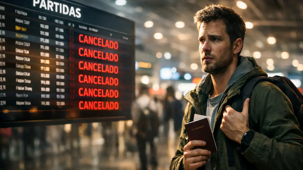 Painel de voos no aeroporto indicando cancelamento, ilustrando os riscos da prática de skiplagging.