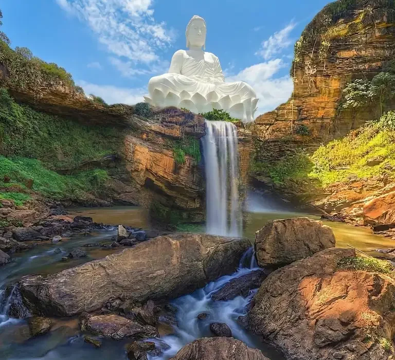 "Montagem artística unindo o Buda Gigante de Ibiraçu e a Cachoeira de Matilde, representando a diversidade turística do Espírito Santo."