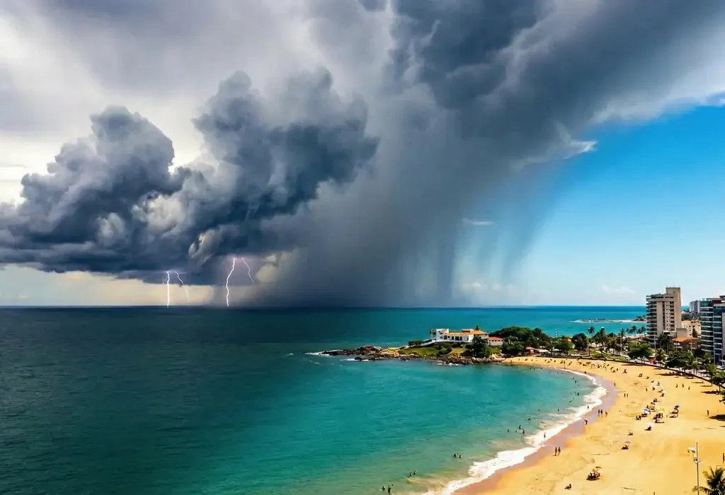 Vista aérea da orla de Vila Velha com dia de sol sendo encoberto por uma grande tempestade e nuvens escuras vindo do mar.