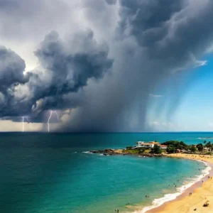 Vista aérea da orla de Vila Velha com dia de sol sendo encoberto por uma grande tempestade e nuvens escuras vindo do mar.
