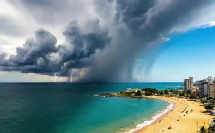 Vai morar em Vila Velha? A verdade sobre o "Vento Sul" e as ruas que alagam. 11 Vista aérea da orla de Vila Velha com dia de sol sendo encoberto por uma grande tempestade e nuvens escuras vindo do mar.