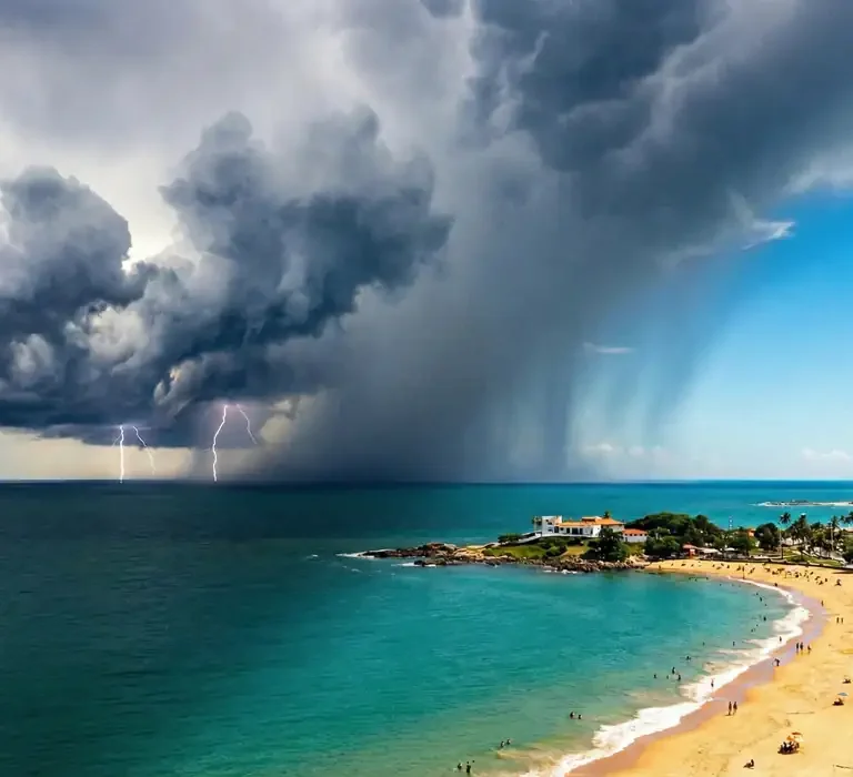 Vista aérea da orla de Vila Velha com dia de sol sendo encoberto por uma grande tempestade e nuvens escuras vindo do mar.