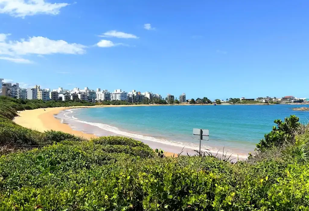 Praia urbana com mar calmo e azul-turquesa, faixa de areia clara em formato de enseada, vegetação verde em primeiro plano e prédios residenciais ao fundo sob céu azul.