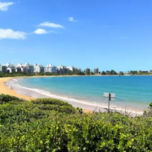 Praia urbana com mar calmo e azul-turquesa, faixa de areia clara em formato de enseada, vegetação verde em primeiro plano e prédios residenciais ao fundo sob céu azul.
