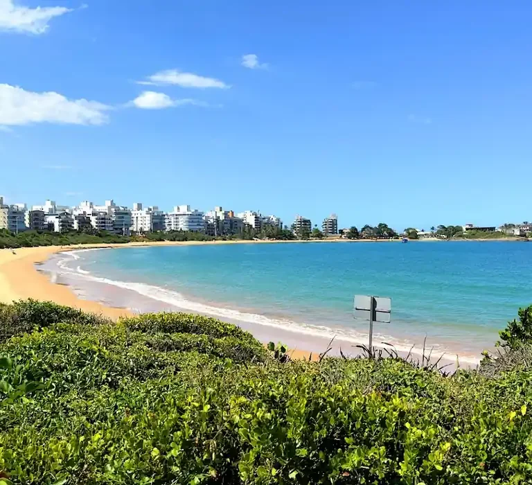 Praia urbana com mar calmo e azul-turquesa, faixa de areia clara em formato de enseada, vegetação verde em primeiro plano e prédios residenciais ao fundo sob céu azul.