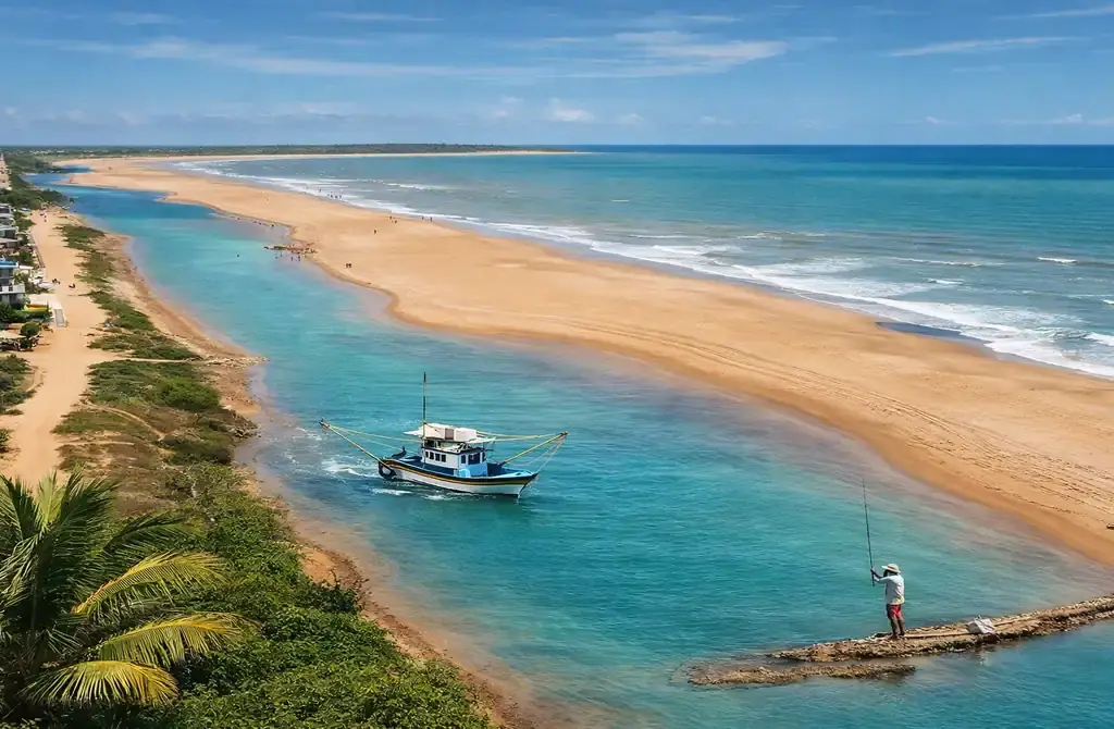 Vista aérea ensolarada da Praia de Urussuquara, no Espírito Santo, mostrando o rio de águas turquesas correndo paralelo ao mar, com um barco de pesca e vegetação nativa.