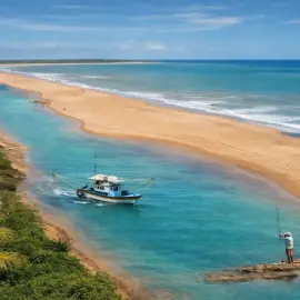 Vista aérea ensolarada da Praia de Urussuquara, no Espírito Santo, mostrando o rio de águas turquesas correndo paralelo ao mar, com um barco de pesca e vegetação nativa.