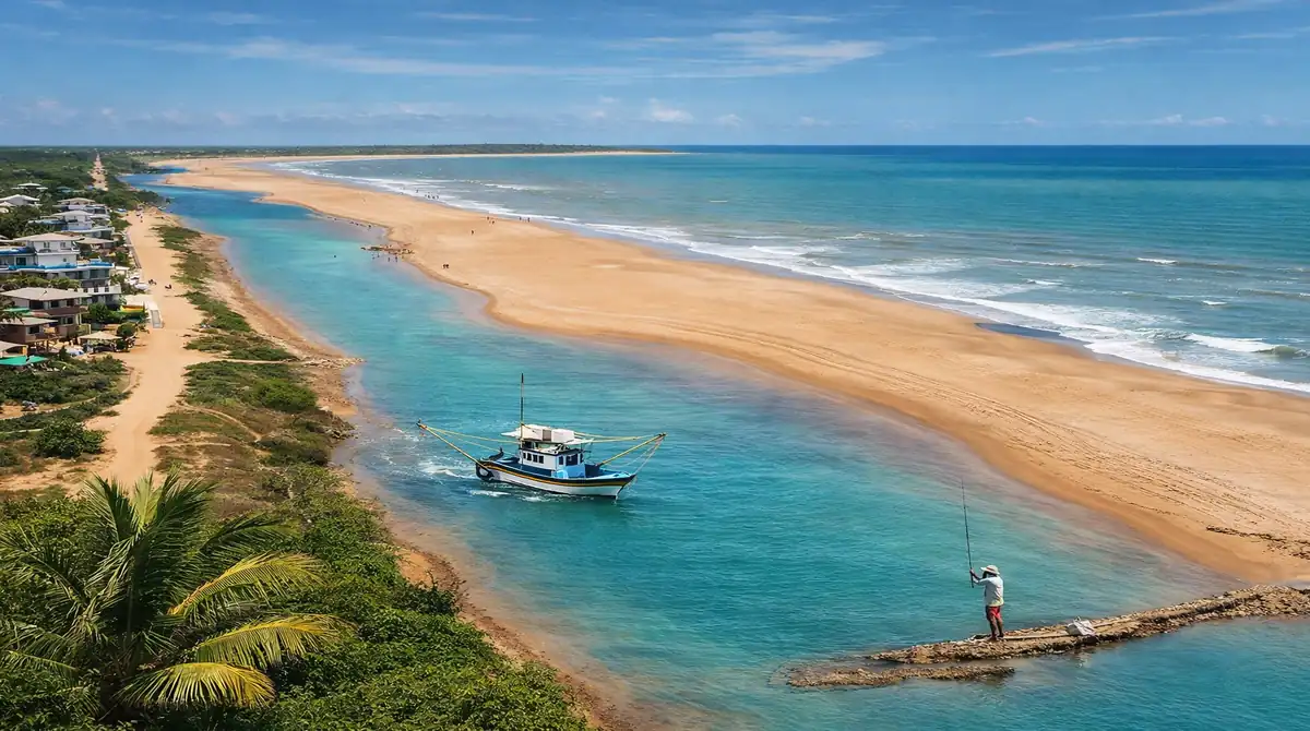 Parece Nordeste, mas é ES: Conheça a Praia de Urussuquara 12 Vista aérea ensolarada da Praia de Urussuquara, no Espírito Santo, mostrando o rio de águas turquesas correndo paralelo ao mar, com um barco de pesca e vegetação nativa.