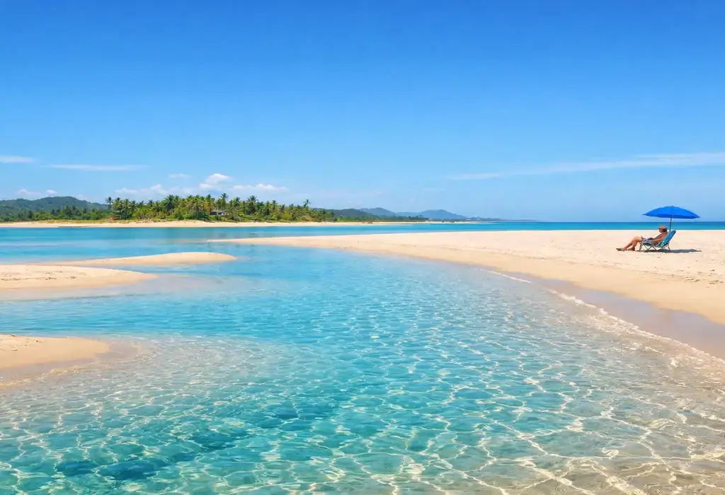 Paisagem panorâmica de uma praia paradisíaca e vazia no litoral do Espírito Santo, com mar calmo e areia branca, representando os refúgios longe da multidão.