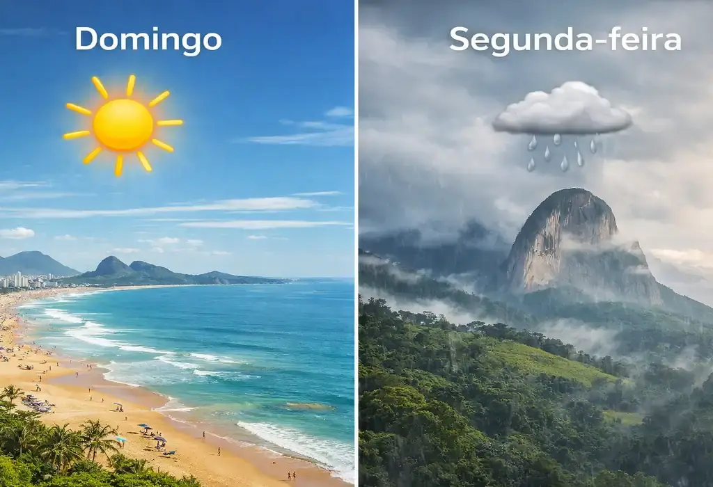 Montagem dividida mostrando a previsão do tempo no ES: lado esquerdo com praia ensolarada em Vila Velha (domingo) e lado direito com chuva nas montanhas (segunda-feira).