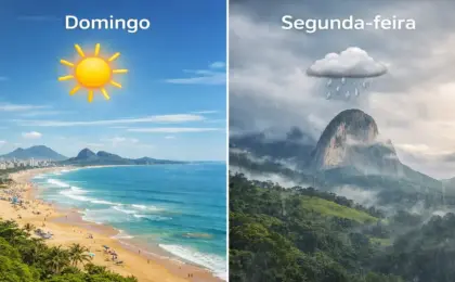 Montagem dividida mostrando a previsão do tempo no ES: lado esquerdo com praia ensolarada em Vila Velha (domingo) e lado direito com chuva nas montanhas (segunda-feira).