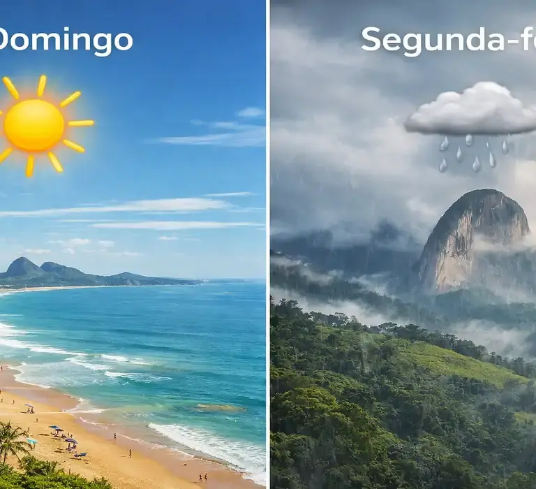Montagem dividida mostrando a previsão do tempo no ES: lado esquerdo com praia ensolarada em Vila Velha (domingo) e lado direito com chuva nas montanhas (segunda-feira).