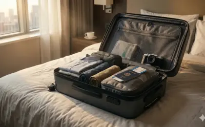 Vai viajar em 2026? Veja as regras atualizadas para mala de mão internacional e evite taxas 11 Mala de mão aberta e organizada com roupas, necessaire de líquidos e passaporte para viagem internacional.