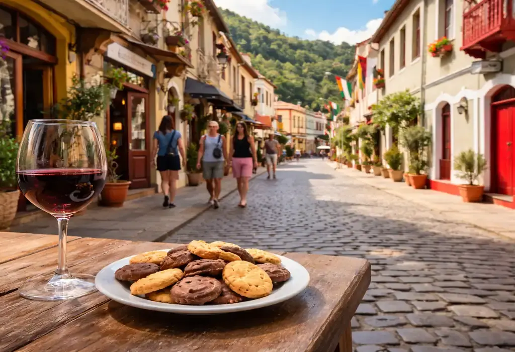 Rua de Lazer em Santa Teresa (ES) com arquitetura colonial preservada, taça de vinho e biscoitos artesanais em primeiro plano. Representação do roteiro de agroturismo na região serrana.