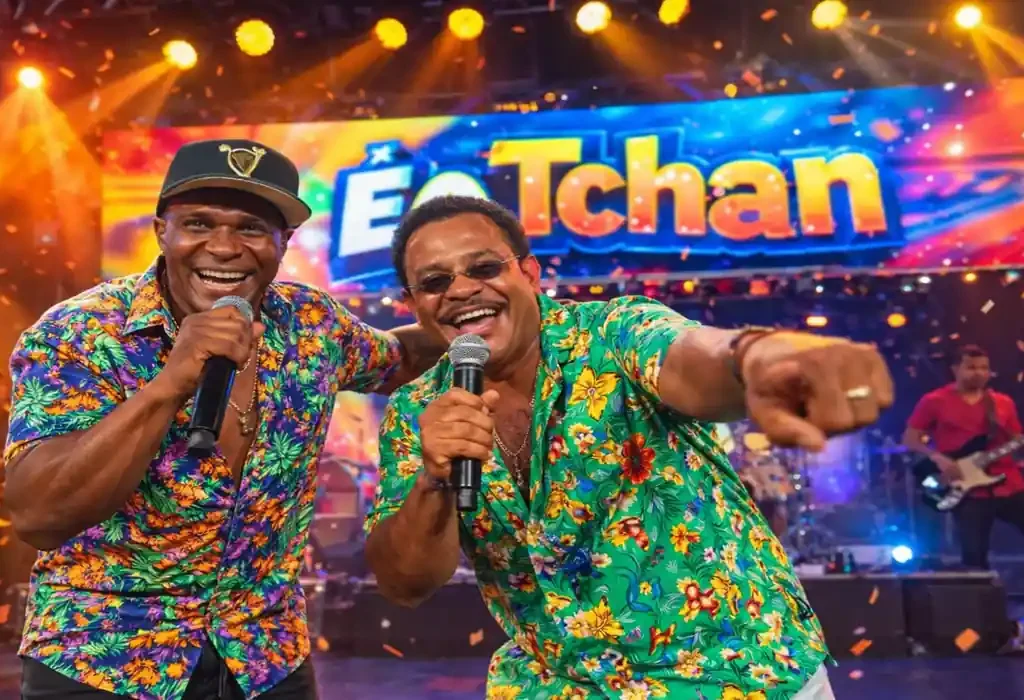 Uma foto vibrante do É o Tchan no palco (Beto Jamaica e Compadre Washington) ou uma foto da estrutura da Arena de Verão em Camburi montada.