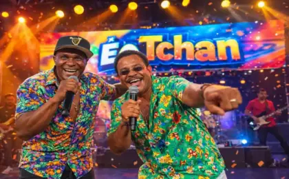 Uma foto vibrante do É o Tchan no palco (Beto Jamaica e Compadre Washington) ou uma foto da estrutura da Arena de Verão em Camburi montada.