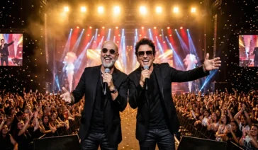 Dupla sertaneja Rick e Renner sorrindo e cantando com microfones no palco, com chuva de papel picado e público ao fundo.