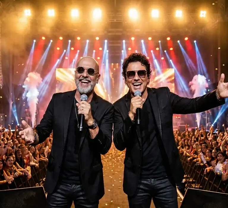 Dupla sertaneja Rick e Renner sorrindo e cantando com microfones no palco, com chuva de papel picado e público ao fundo.