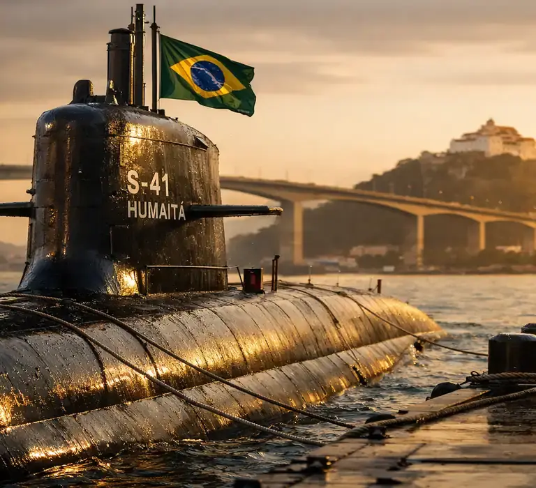 Submarino brasileiro S-41 Humaitá atracado no porto com a bandeira do Brasil hasteada.